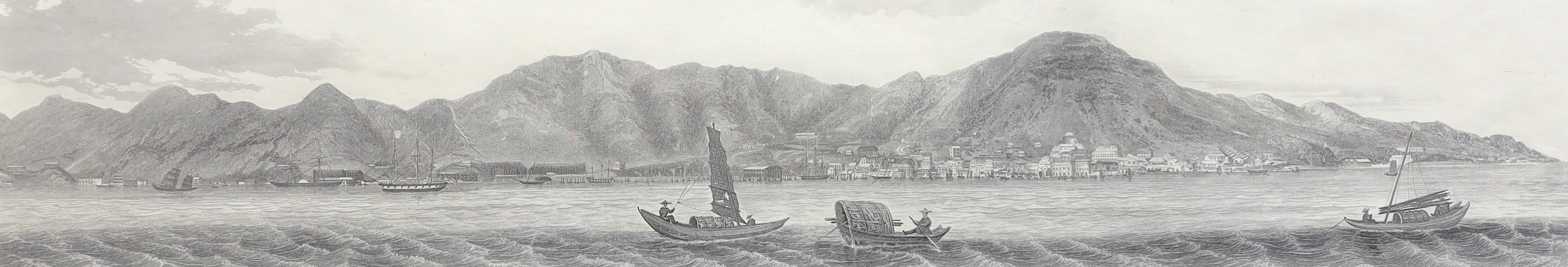 Lieutenant Leopold G. Heath for the Hydrographic Office, Hong Kong as seen from the anchorage of HMS Iris, 1846, set of three steel engravings, visible sheet 22 x 79cm